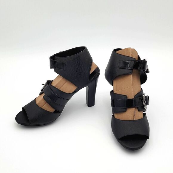 Banfi Zambrelli 7.5M Black Heels High 4in Leather Strappy Chunky Party Statement - Picture 1 of 10